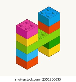 Letter H from Plastic building blocks. Colored bricks isolated on white background. Vector isometric 3d illustration.