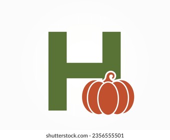 letter h with pumpkin. vegetable and organic food alphabet logo symbol. harvest and agriculture design. halloween symbol. isolated vector image