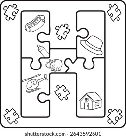 Letter H Puzzle Alphabet  with Objects kids coloring books for kids
