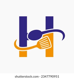 Letter H Restaurant Logo Combined with Spatula and Spoon Icon