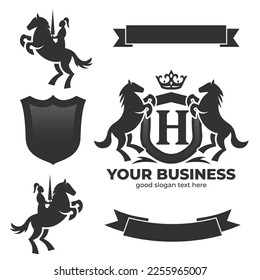 Letra H Retro Crest con escudo y dos vectores de caballos, escudo heráldico con corona, silueta de caballo