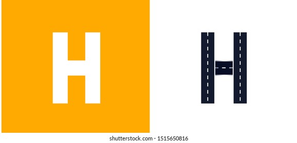 Letter H. Road font. Typography vector design with street lines.On white and yellow background.