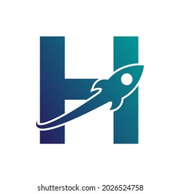 Letter H with Rocket Up and Swoosh Logo Design. Creative Letter Mark Suitable for Company Brand Identity, Travel, Start up, Logistic, Business Logo Template