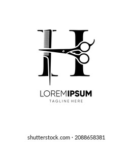 Letra H Tijeras y diseño de logotipo con estilo de peine Hair Comb Ilustración gráfica de icono de vectores