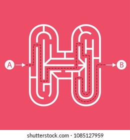 Letter H shape Maze Labyrinth, maze with one way to entrance and one way to exit. Flat design, vector illustration.