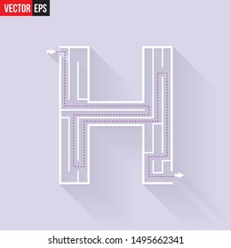Letter H shape Maze Labyrinth, maze with one way to entrance and one way to exit. Flat design, vector illustration.