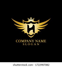 Letter H Shield, Wing and Crown gold in elegant style with black background for Business Logo Template Design, Emblem, Design concept, Creative Symbol, Icon