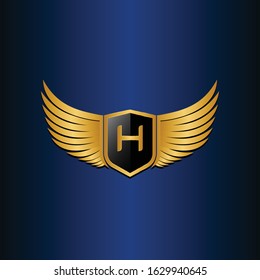 letter H shield with wings gold color logo design concept template vector 3d heraldic shield and wings logo gold / silver emblem