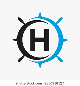 Letter H Ship Logo Concept With Ship Wheel Sign Vector Template