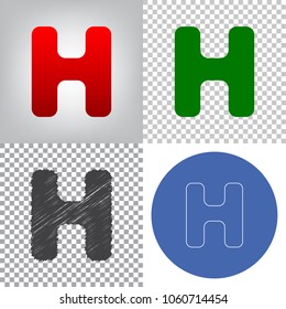 Letter H sign design template element. Vector. 4 styles. Red gradient in radial lighted background, green flat and gray scribble icons on transparent and linear one in blue circle.