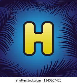 Letter H sign design template element. Vector. Golden icon with black contour at blue background with branches of palm trees.