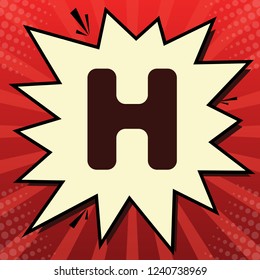 Letter H sign design template element. Vector. Dark red icon in lemon chiffon shutter bubble at red popart background with rays.