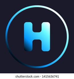 Letter H sign design template element. White, cyan and blue gradient icon as round button in white shell at dark blue background. Illustration.
