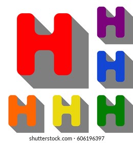 Letter H sign design template element. Set of red, orange, yellow, green, blue and violet icons at white background with flat shadow.