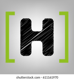 Letter H sign design template element. Vector. Black scribble icon in citron brackets on grayish background.