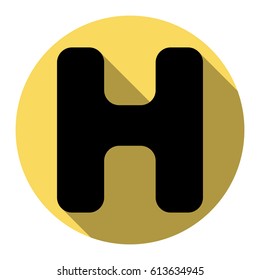 Letter H sign design template element. Vector. Flat black icon with flat shadow on royal yellow circle with white background. Isolated.
