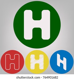 Letter H sign design template element. Vector. 4 white styles of icon at 4 colored circles on light gray background.