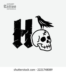 The letter H with a skull head on it has a black crow, black and white style