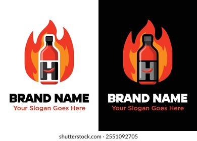 Letter H Spicy sauce in red bottle. Ketchup, hot tomato and chili sauce in bottle, red chili pepper and yellow fire illustration logo design