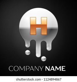 Letter H splash logo. Golden dots and silver bubbles letter design on black background. Vector Illustration