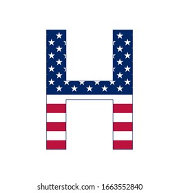 Letter H with stars and stripes. American flag lettering font.
Vector USA national flag style letter H.
Patriotic american element for poster, card, banner and background. 