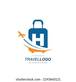 letra H con la plantilla de vector del logotipo de la bolsa de viaje de la maleta. logotipo para etiquetas de viaje, turismo, afiches de viaje, identidad de vías aéreas y transporte tecnológico