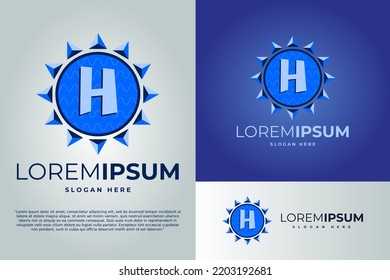 letter H and Sun with waves Logo design vector illustration template. badge logo. Sun logo design template. badge logo