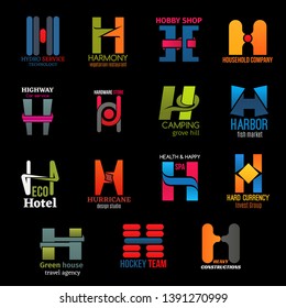 Letter H symbols and corporate identity icons of car insurance, hardware store or fish market and hotel. Vector H of business invest group and hockey sport team or travel agency and technology service