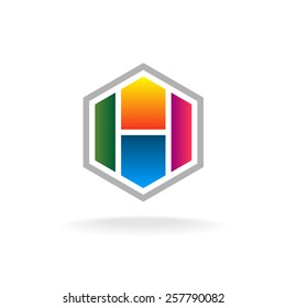 Letter H technical logo. Vivid colors parts in a hexagonal shape.