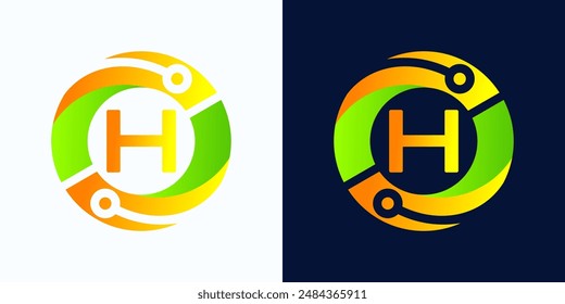 Letter H technology logo with circles and circuit board lines with letter H inside for digital, data, connection in green and orange gradient colors