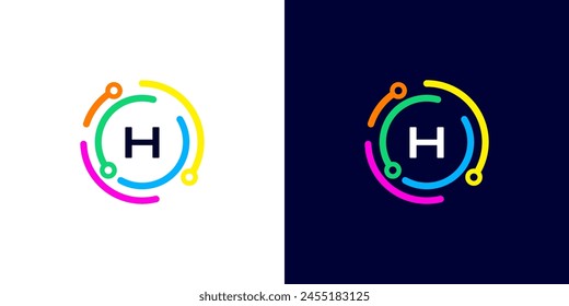 letter H technology logo with colorful connection circuit circle dots for technology,data,internet,computer