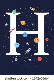 The letter H with the theme of outer space for Children. Letter graphic vector illustration for kids on outer space theme. space kids, letters for children.