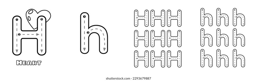 Letter H trace uppercase and lowercase ABC alphabet worksheet for kids English vocabulary. Handwriting tracing practice vector illustration.