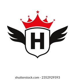 Letter H Transportation Logo With Wing, Shield And Crown Icon. Wing Logo On Shield Symbol