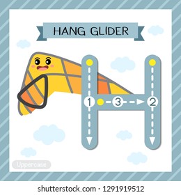 Letter H uppercase cute children colorful transportations ABC alphabet tracing flashcard of Hang Glider for kids learning English vocabulary and handwriting Vector Illustration.