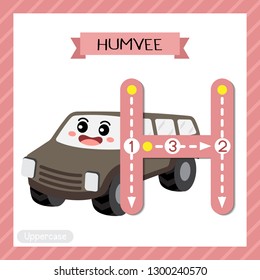 Letter H uppercase cute children colorful transportations ABC alphabet tracing flashcard of Humvee for kids learning English vocabulary and handwriting Vector Illustration.