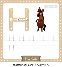 Letter H uppercase cute children colorful zoo and animals ABC alphabet tracing practice worksheet of Horse standing on two legs for kids learning English vocabulary and handwriting vector illustration