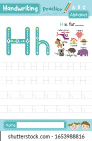 Letter H uppercase and lowercase cute children colorful ABC alphabet trace practice worksheet for kids learning English vocabulary and handwriting layout in A4 vector illustration.