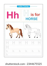 Letter H.  Uppercase and Lowercase. Cute children. Colorful ABC alphabet tracing. Practice worksheet for kids. Learning English vocabulary and handwriting. Letter Trace. Vector illustration