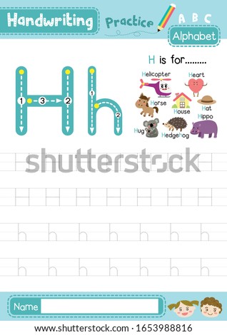 Letter H uppercase and lowercase cute children colorful ABC alphabet trace practice worksheet for kids learning English vocabulary and handwriting layout in A4 vector illustration.