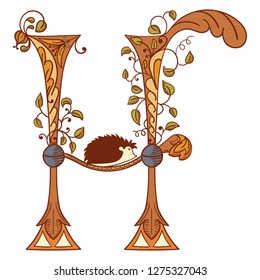 Letter H. Vector letter engraving style with flower and animal. Colorful hand drawn vintage illustration
