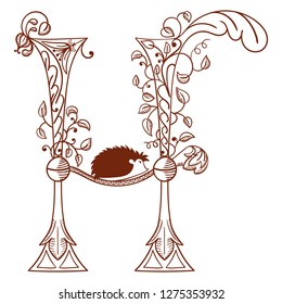 Letter H. Vector letter engraving style with flower and animal. Sketch hand drawn vintage