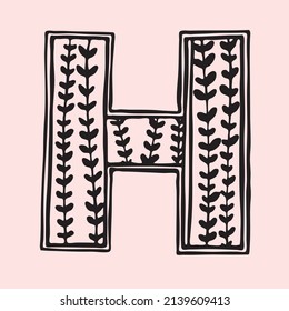 Letter H vector. Line art Lettering print. Alphabet poster wall. Logo Hand drawn. Lettering sketch. Vintage poster.