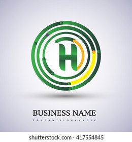 Letter H vector logo symbol in the circle thin line colored green and yellow. Design for your business or company identity.
