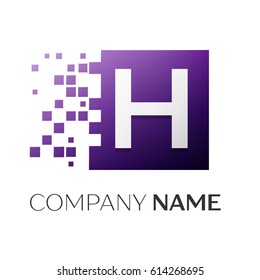 Letter H vector logo symbol in the colorful square with shattered blocks on white background. Vector template for your design
