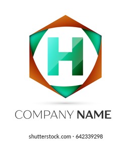 Letter H vector logo symbol in the colorful hexagonal on grey background. Vector template for your design