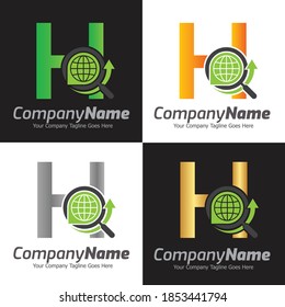 Plantilla de logotipo vectorial de la letra H, logotipo de la letra colorida H, elementos de plantilla de diseño de la letra H creativa, mejor diseño de la letra H, diseño del logotipo del alfabeto, búsqueda, lupa 