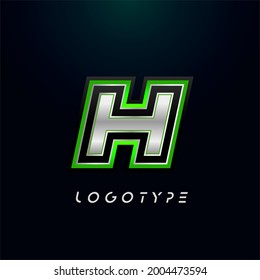 Letter H for video game logo and super hero monogram. Sport gaming emblem, bold futuristic letter with sharp angles and green outline. Tilted sharp letter type on black background