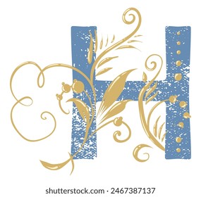 Letter h in vintage style with beautiful gold swirls. The letter is shabby as if it were old. Traditional floral motifs. For monogram, invitations, wedding, decoration.