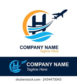 Letra H con logotipo de Onda y Avión Volador para Agencia de Viajes. Logotipo de diseño vectorial para etiqueta de transporte de viajes, turismo, publicidad de la compañía de vuelos